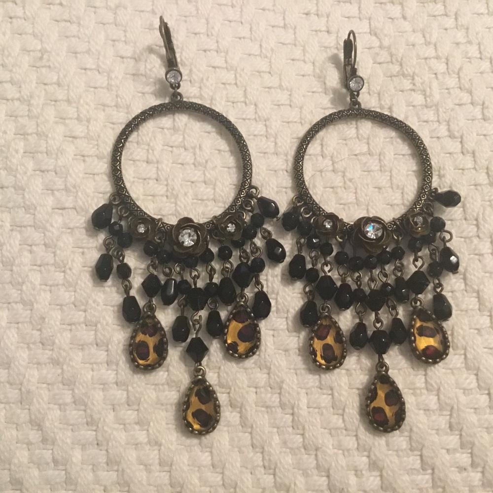 BOSTON PROPER leopard black bead chandelier earrings